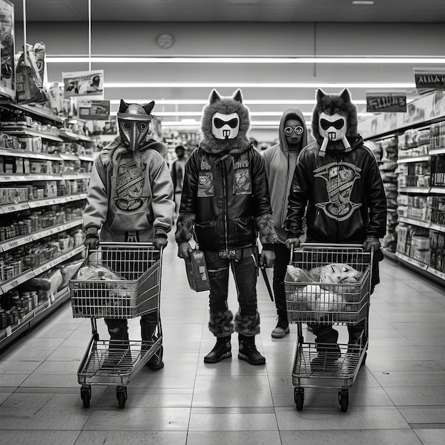 Drie mannen in een winkel met één die een kattenmasker draagt.