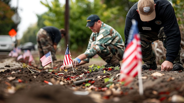 Foto drie mannen in militaire kleding knielen op de grond en planten kleine amerikaanse vlaggen in het vuil.