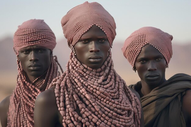 Foto drie mannen in tribale outfits poseren in de woestijn