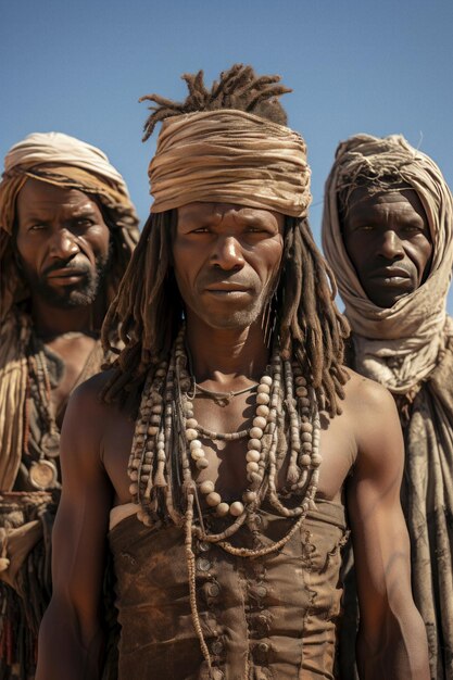 Foto drie mannen in tribale outfits poseren in de woestijn