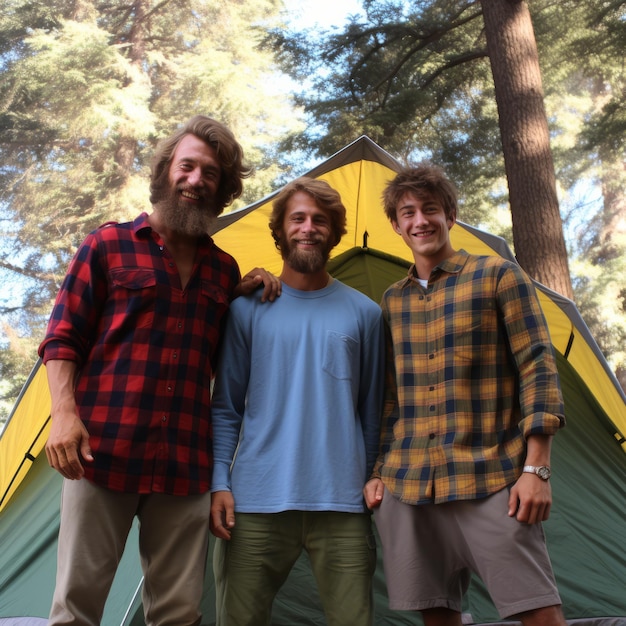 Foto drie mannen kamperen in het bos.