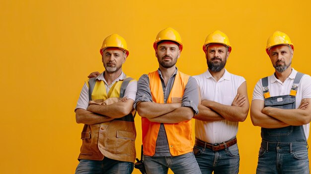 Foto drie mannen met harde hoeden staan voor een oranje achtergrond