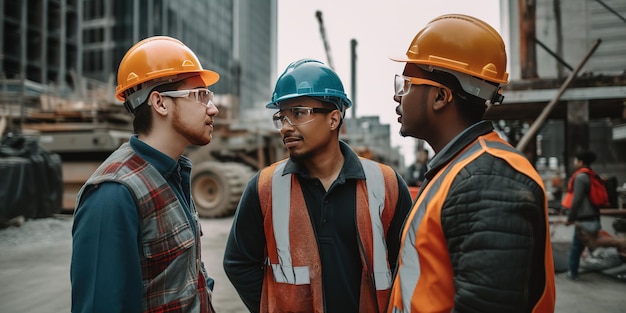 Drie mannen met oranje helmen praten met elkaar voor een gebouw