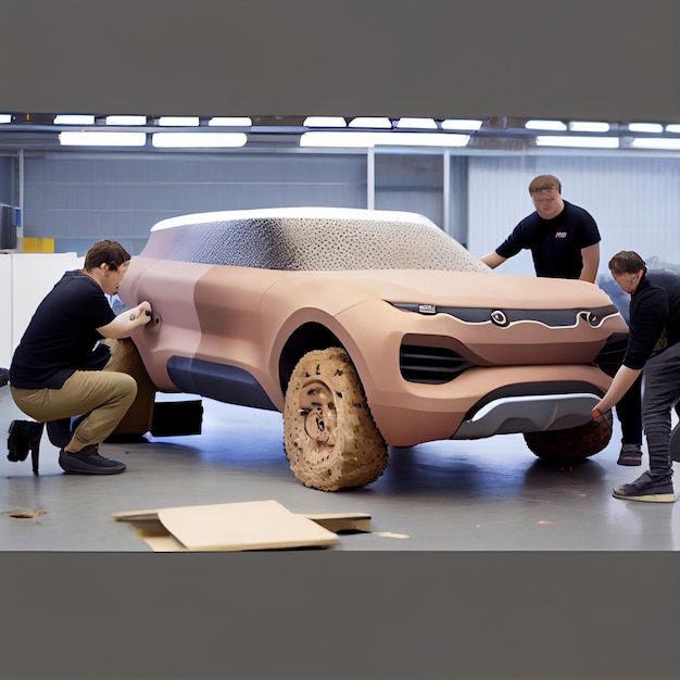 Drie mannen werken aan een auto die gemaakt is door mercedes.