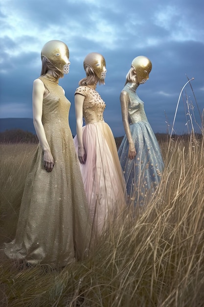 drie mannequins in een veld met de zon die op hen schijnt