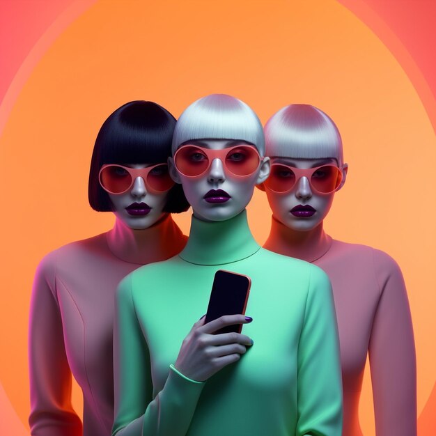 Foto drie mannequins met een telefoon in hun handen