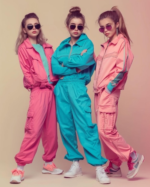 Drie meisjes in roze en blauwe outfits poseren