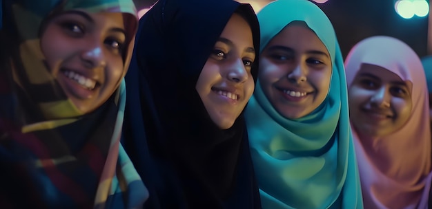 Drie meisjes op een rij, een van hen draagt een groene hijab.