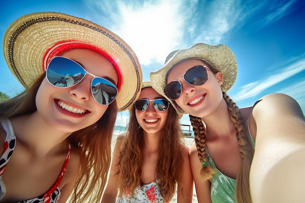 Drie meisjes op een strand met zonnebril en hoed op