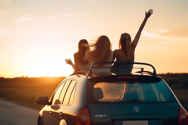 Drie meisjes zitten op een auto met hun armen in de lucht, een van hen houdt de handen van de