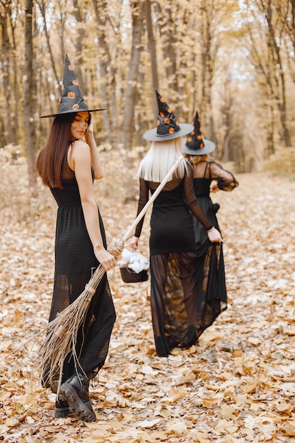 Drie meisjesheksen in bos op Halloween. Meisjes met zwarte jurken en kegelhoeden. Heksen die een tovenaarmateriaal houden.