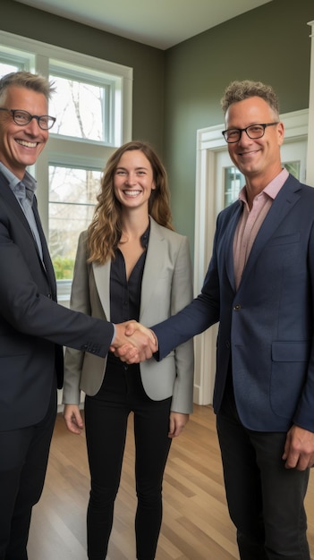 Drie mensen die elkaar de hand schudden in een kamer.