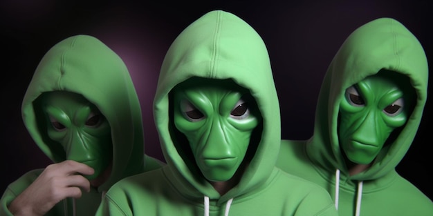 Drie mensen in groene buitenaardse kostuums met een groene hoodie en een groene hoodie.