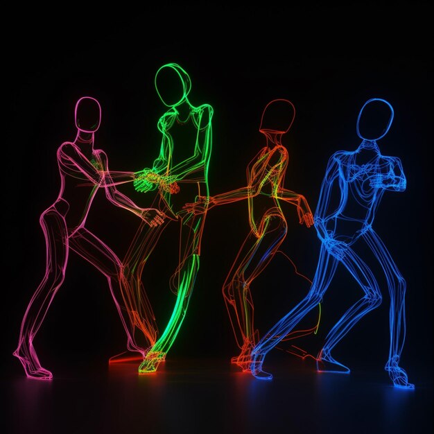 Drie mensen in neon gekleurde kleding dansen met een afstandsbediening generatieve ai