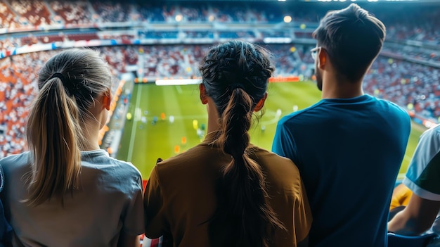 Foto drie mensen kijken vanaf de tribunes naar een voetbalwedstrijd de vrouw in het midden draagt een paardenstaart de man aan de rechterkant draagt een blauw shirt