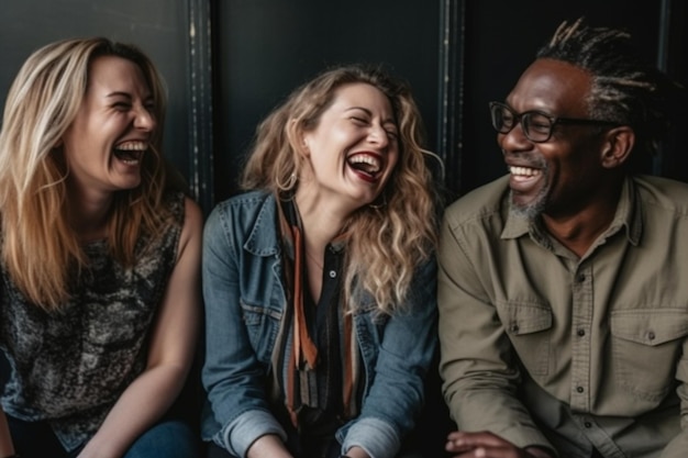 Foto drie mensen lachen en lachen samen in een donkere kamer
