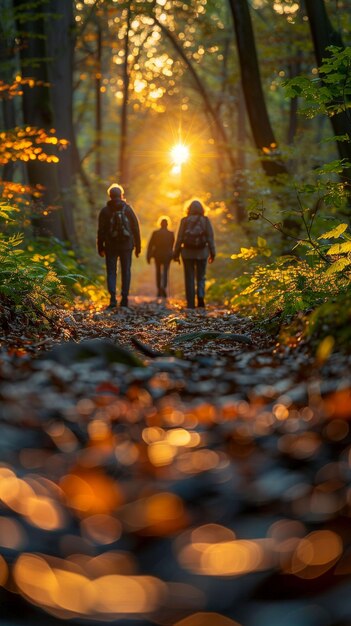 Drie mensen lopen op een pad in het bos. Generatieve AI.