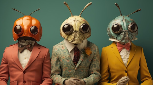 Drie mensen met insectenmaskers en pakken ai