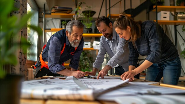 Foto drie mensen op zoek naar tafel hanteert man vrouw architectonische planning jonge business lab enorme steun