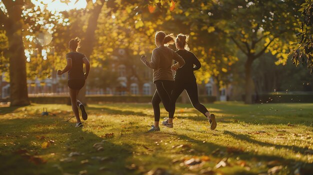 Foto drie mensen rennen in een park de zon schijnt door de bomen de bladeren worden bruin en oranje