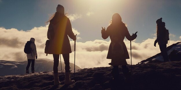 Drie mensen staan op een berg waar de zon op schijnt.