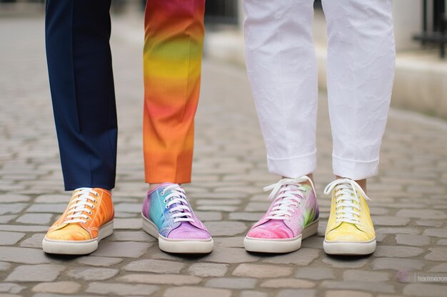 Foto drie mensen staan op een geplaveide straat met kleurrijke schoenen generatieve ai