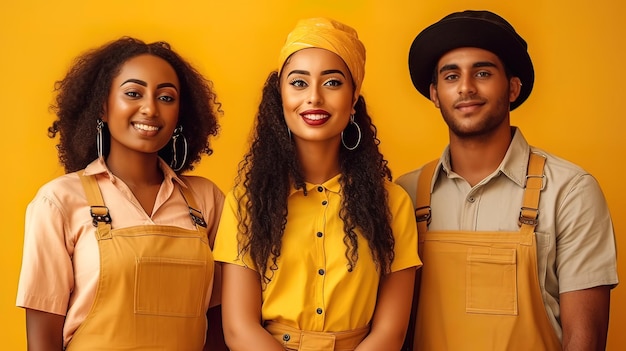 Drie mensen staan voor een gele achtergrond, een van hen draagt een gele overall en de ander een gele overall.