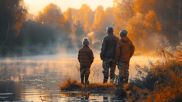 Drie mensen vissen op een schiereiland aan het meer tijdens een mistig gouden uur