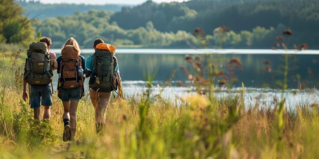 Foto drie mensen wandelen langs de oever van het meer