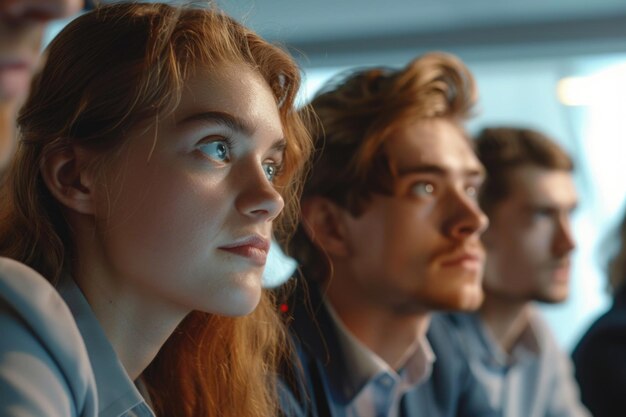 Drie mensen zitten in een kamer. Een van hen is een vrouw met rood haar.