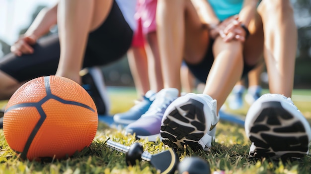 Drie mensen zitten op het gras na het sporten ze dragen sportieve kleren en schoenen een bal en een springtouw liggen op het gras