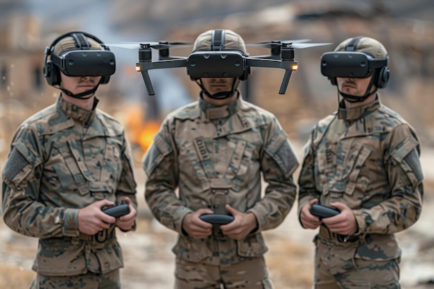 Drie militaire operatoren in virtuele realiteitsbril besturen een quadcopter Moderne militaire wapens