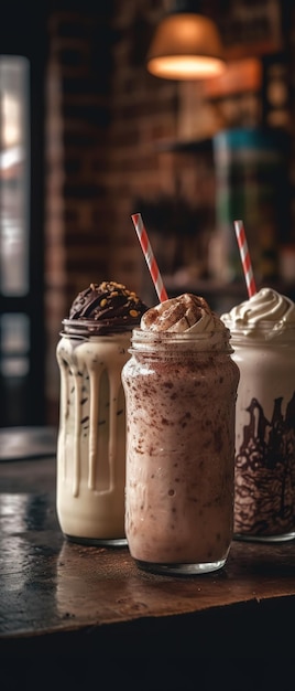 Drie milkshakes met rietjes en een rood-wit gestreept rietje