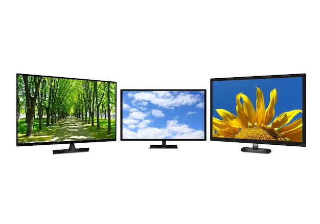 drie moderne tv-toestellen met afbeeldingen in verschillende kleuren