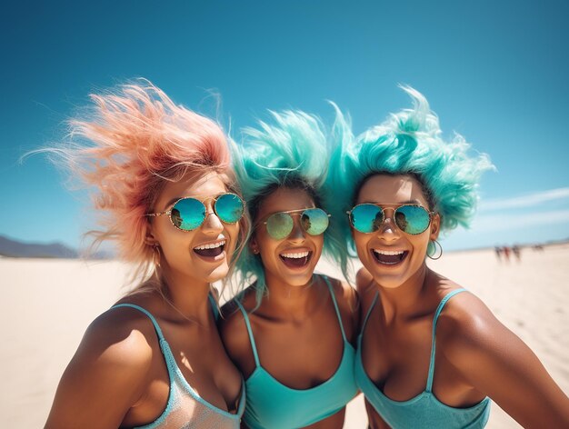 Foto drie mooie blonde vrouwen die plezier hebben op een zandstrand met zee met verschillende kapsels