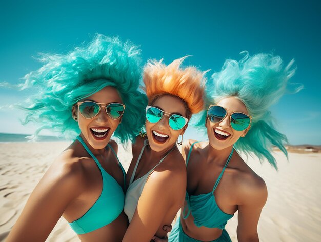 Foto drie mooie blonde vrouwen die plezier hebben op een zandstrand met zee met verschillende kapsels