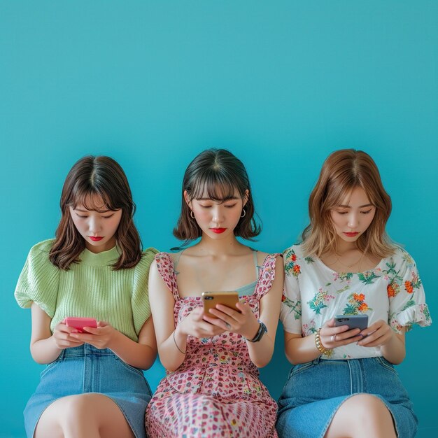 Foto drie mooie jonge vrouwen kijken naar smartphones op een blauwe achtergrond