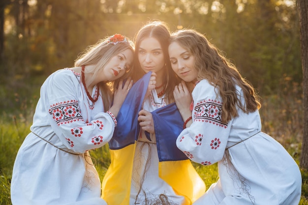 Drie mooie Oekraïense dames met vlag van Oekraïne zittend op het gras buiten gekleed in de s