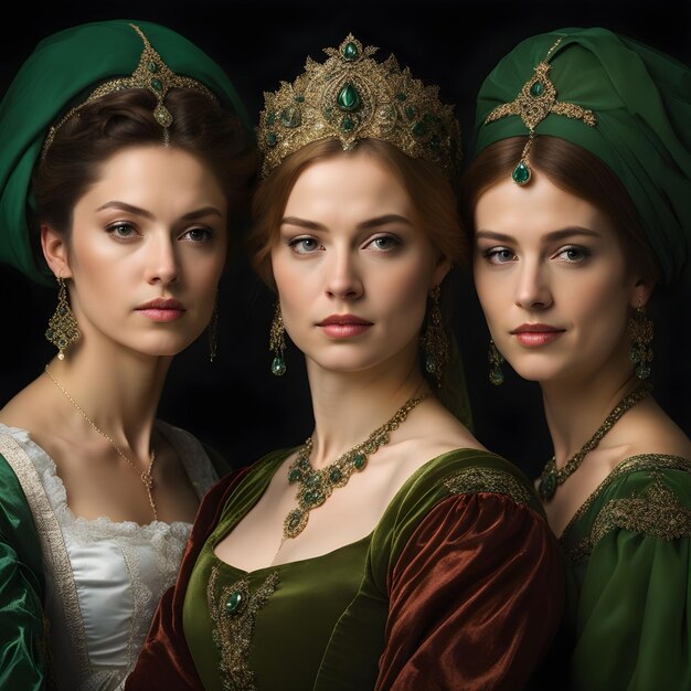 Foto drie mooie vrouwen in de renaissance.