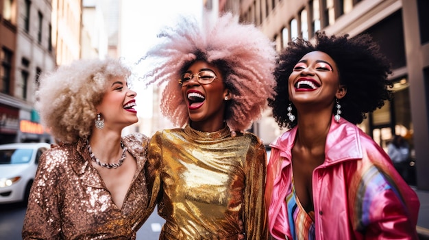 drie multiraciale vrouwen op straat na een feestje in feestelijke kleding voor oudejaarsavond gemaakt met ai