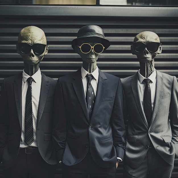 Foto drie mysterieuze mannen in pak en zonnebril poseren voor de camera