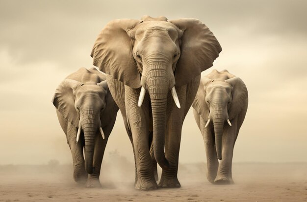 Foto drie olifanten lopen over een woestijnlandschap in t