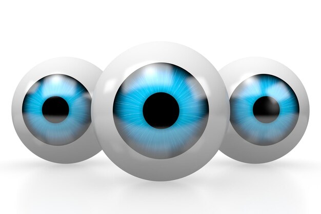 Foto drie oogbollen met blauwe iris geïsoleerd op witte achtergrond 3d illustratie