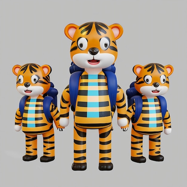 Drie opgezette tijgers staan in een rij en een van hen heeft een rugzak erop.
