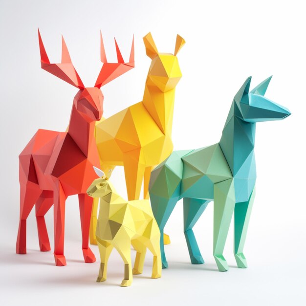 Foto drie origamidieren staan in een rij met één opstaande generatieve ai