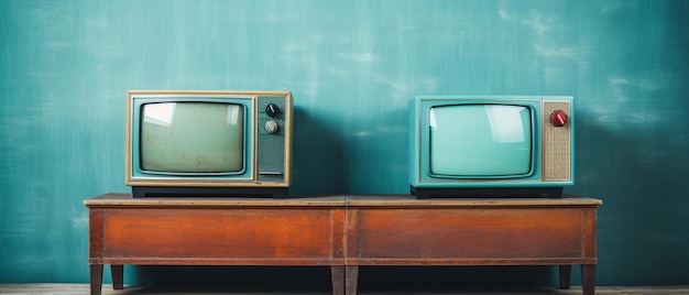 Foto drie oude televisies staan op een plank met een groene muur achter hen