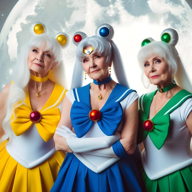 Drie oudere vrouwen gekleed als Sailor Moon personages