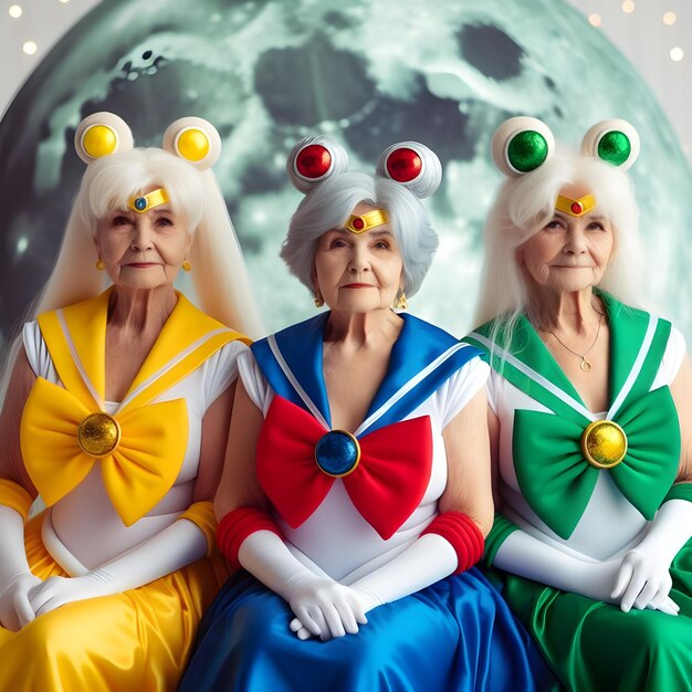 Drie oudere vrouwen gekleed als Sailor Moon personages