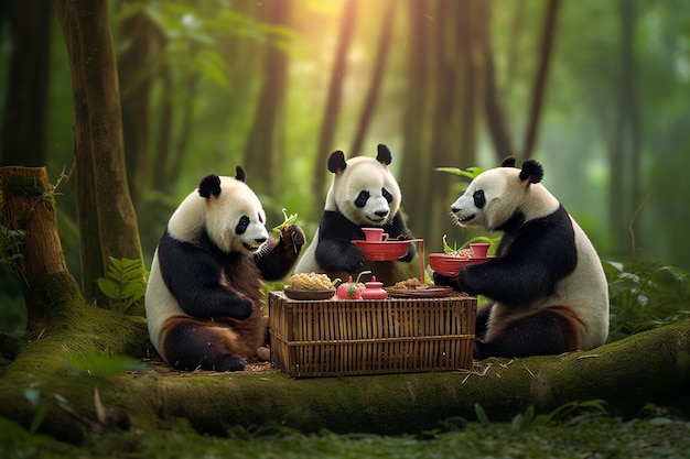 Foto drie panda's eten voedsel in een bos met een mand vol voedsel.