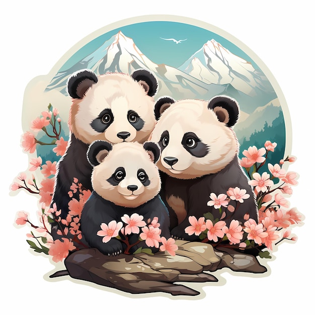 drie panda's zitten op een rots met bloemen op de achtergrond